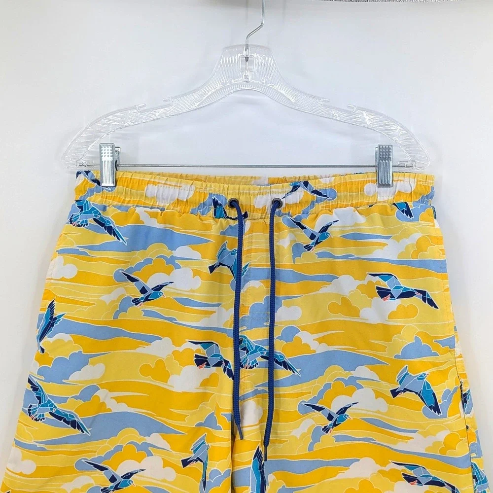 Coastal Preppy Seagull Print Swim Trunks Club Room Yellow Blue Size‎ M